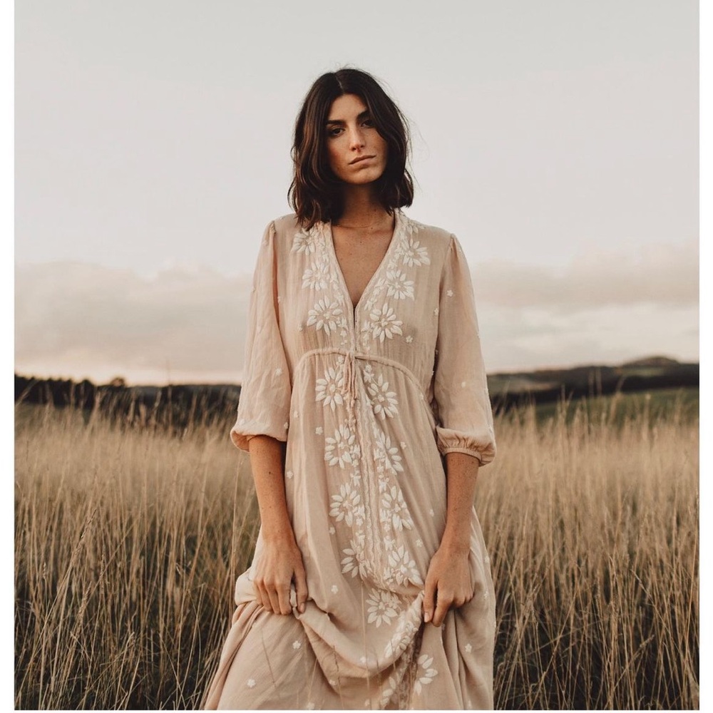 FREE PEOPLE Cream Embroidered Maxi Dress